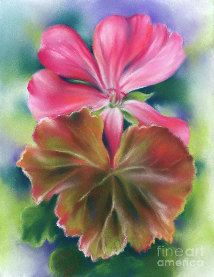 Red Geranium Leaf with Pink Blossom Painting by MM Anderson