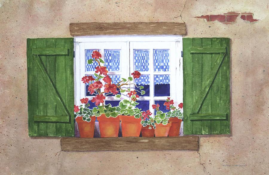 Red Geraniums and Green Shutters Painting by Mary Ellen Mueller Legault