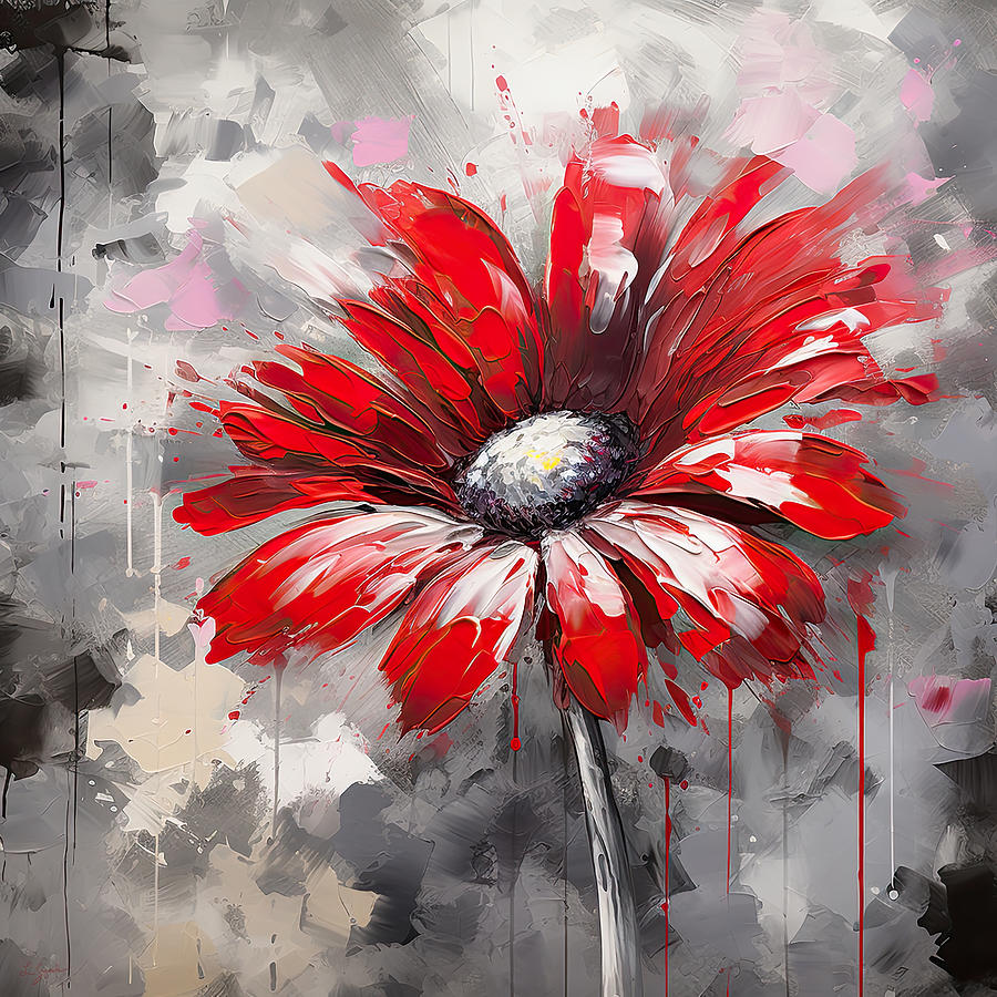 Red Gerbera Daisy in Impressionist Style - Red Art Digital Art by Lourry Legarde