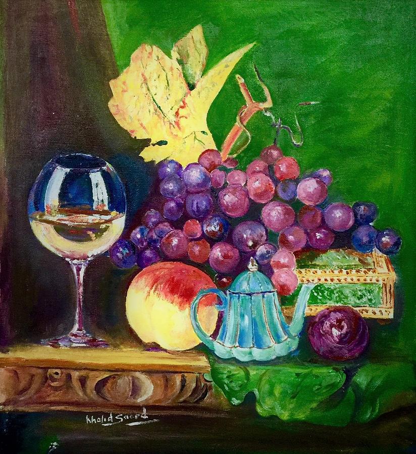 Red grapes Painting by Khalid Saeed