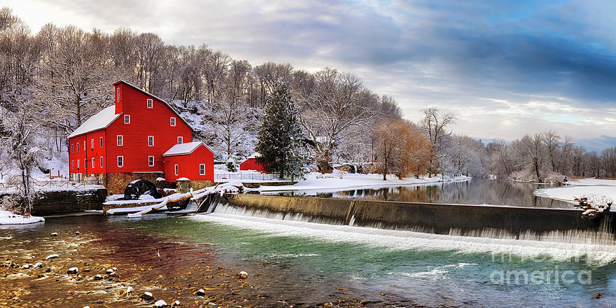 Red Grist Mill in a Winter Landscape, Clinton, New Jersey Photograph by ...