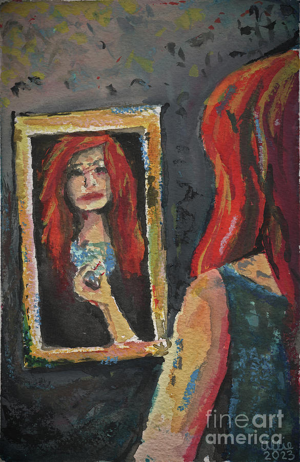 Red Haired Woman Looking Into The Mirror Painting by Allie Lily
