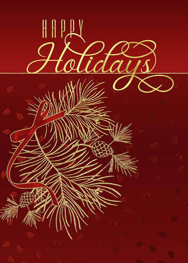Red Happy Holidays Golden Pines Digital Art by Doreen Erhardt