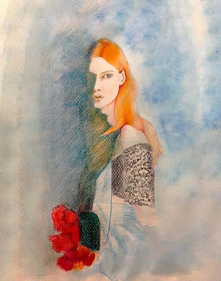 Queen Drawing - Red head girl with flowers by Yulia Smirnova