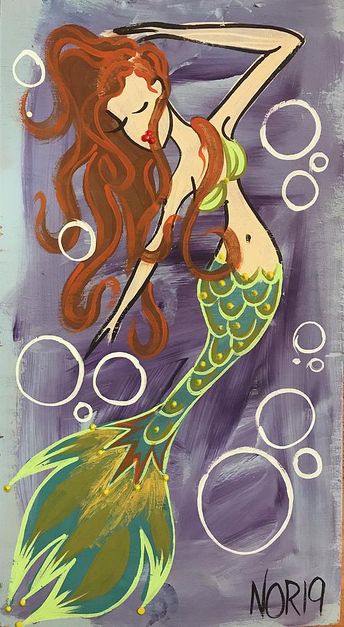 Red headed Mermaid with Green Tail Painting by Nina OReilly