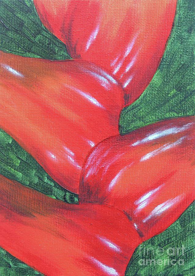 Red Heliconia Stalk Painting by Mary Deal