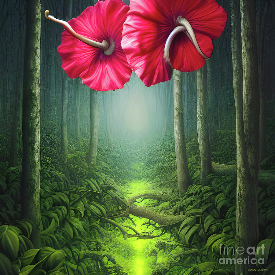 Red Hibiscus in Dark Forest 1 Digital Art by Barbara Milton