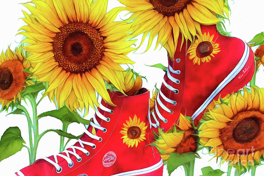 Summer Painting - Red High Tops And Sunflowers by Tina LeCour