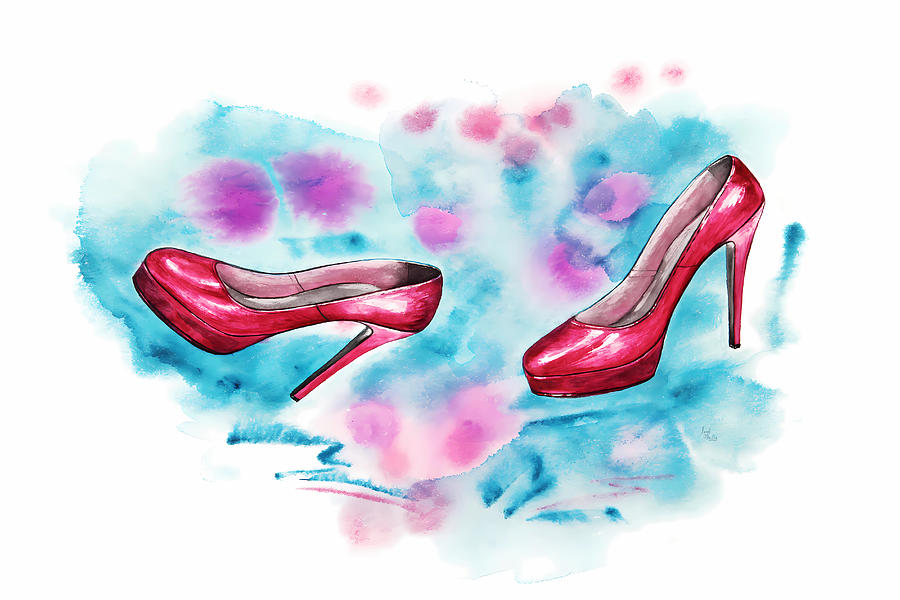 Red High Heels Watercolor abstract Painting by Sandi OReilly