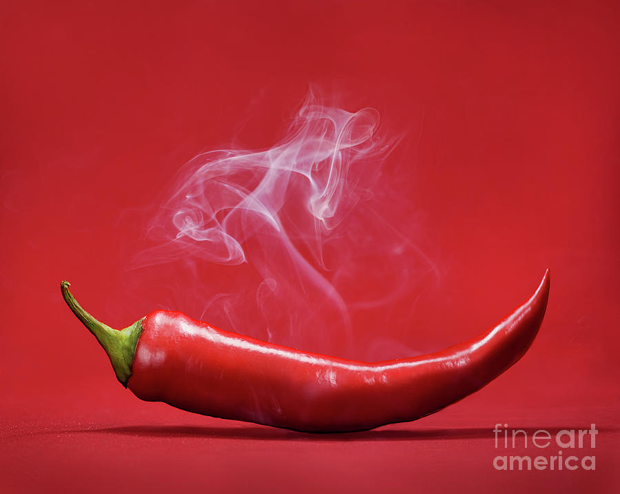 Red Hot Chili Pepper On Red Background With Smoke. Still Life Wi Photograph