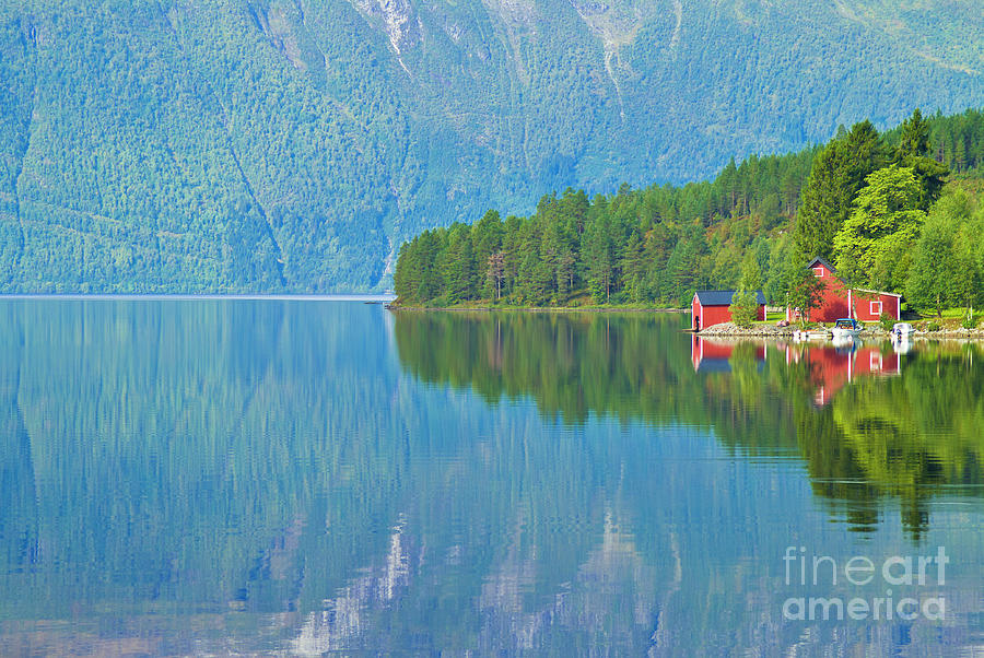 Red house on Hornindalsvatnet lake, Hornindal, More and Romsdal, Norway Photograph by Neale And Judith Clark