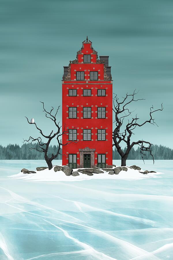 The Red House - Medieval townhouse from Stockholm on a small island in a frozen lake Digital Art by Moira Risen