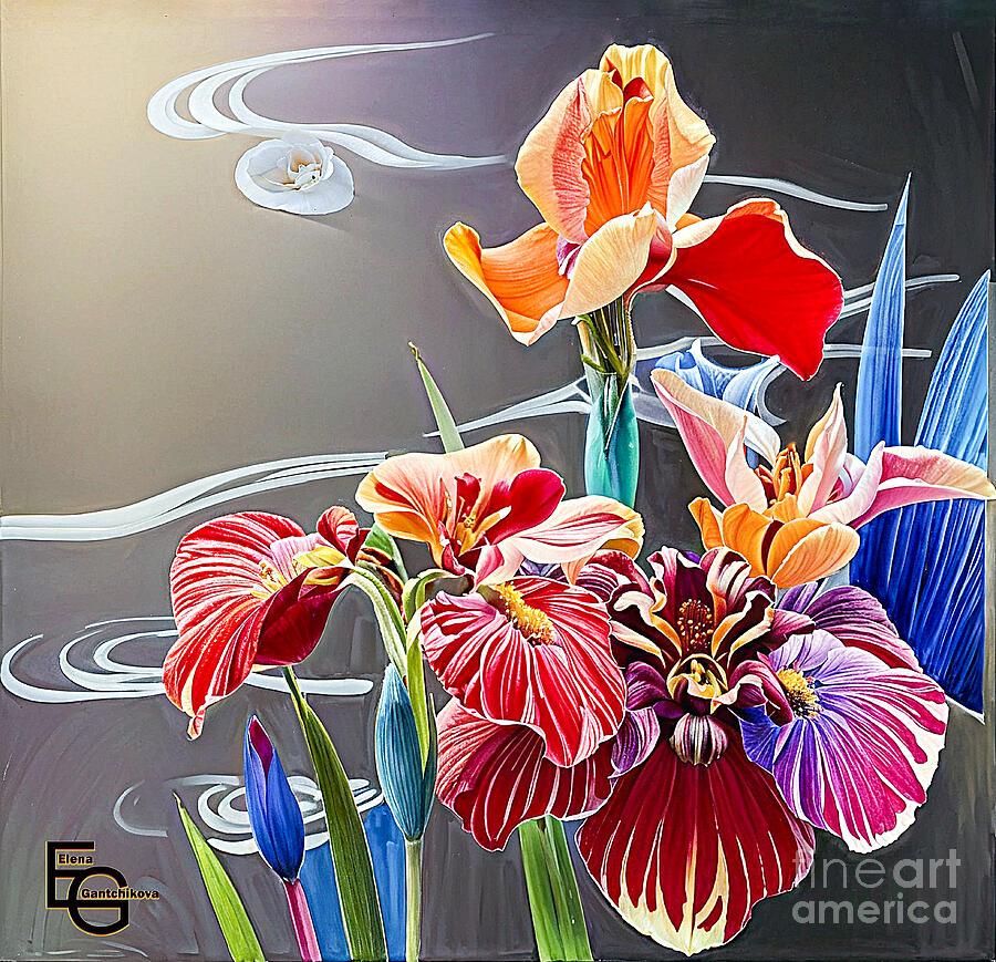 Red irises and orchids against a cloudy sky Mixed Media by Elena Gantchikova Red irises and orchids against a cloudy sky Mixed Media by Elena Gantchikova