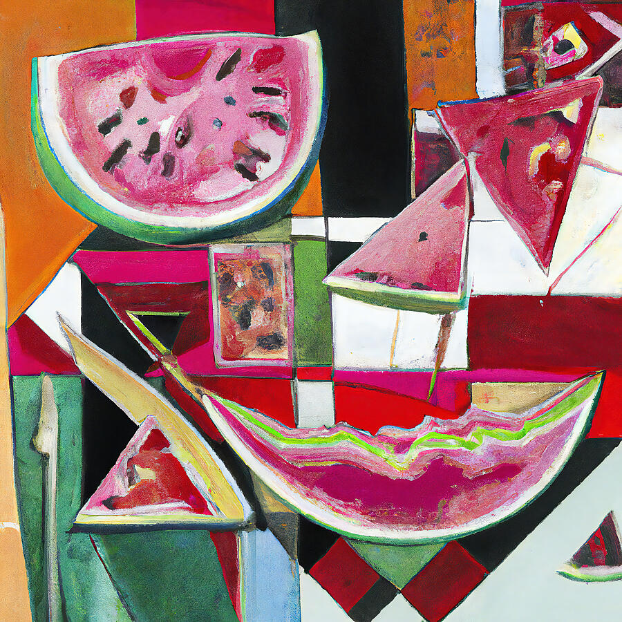 Watermelon Painting - Red Juicy Fresh Watermelon Slices - Funky Geometric Abstract by StellArt Studio
