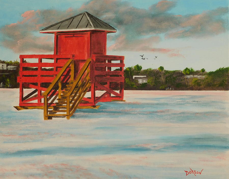 Beach Sunset Painting - Red Lifeguard Stand At Sunset On Siesta Key by Lloyd Dobson