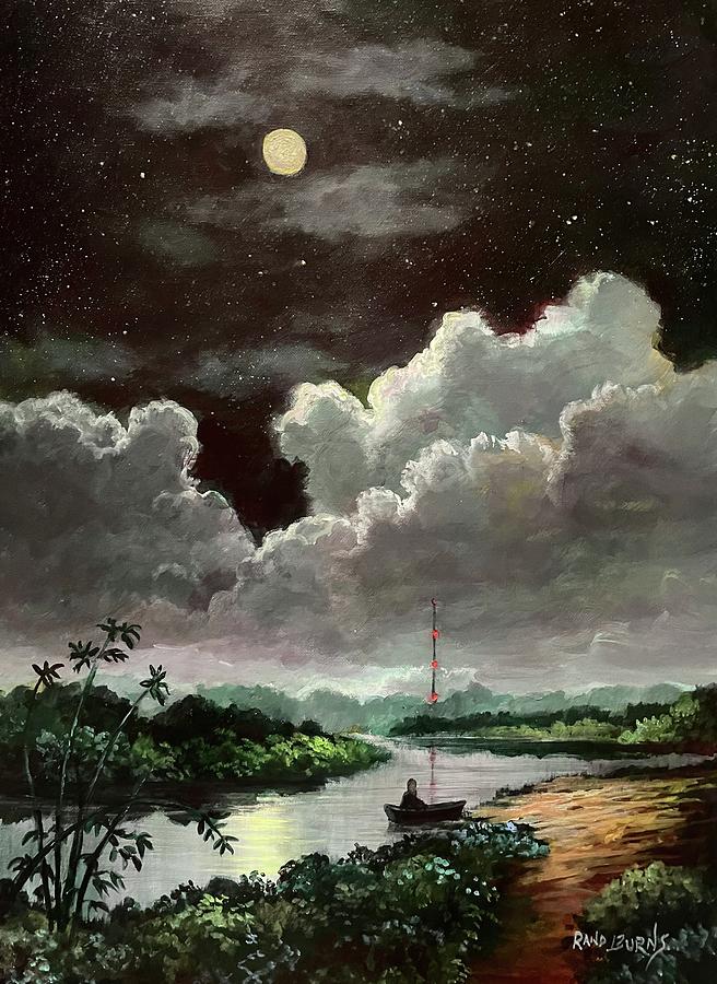 Red Light Vies With The Moon.  Sail Onward. Painting by Rand Burns