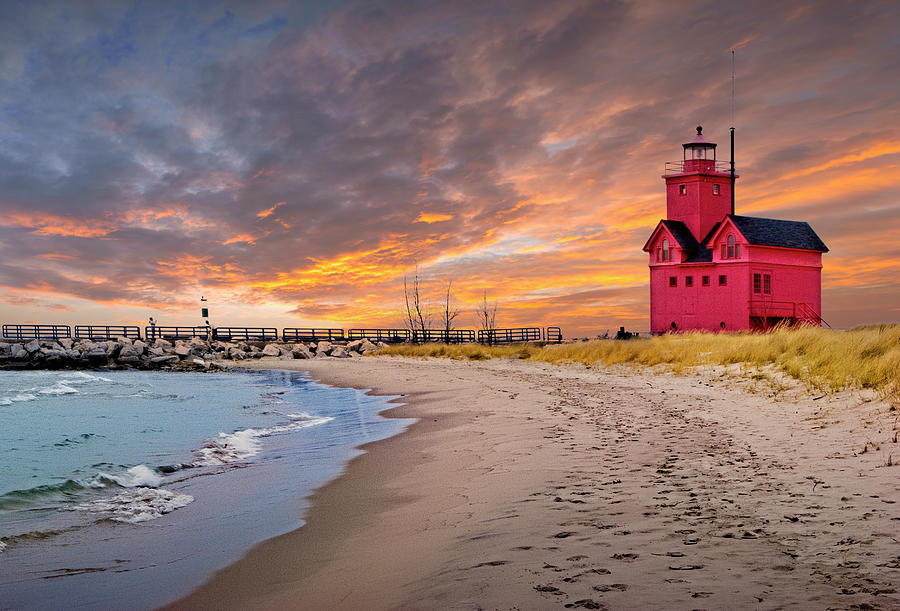 Red Lighthouse by Ottawa Beach on Lake Michigan at Sunset in Aut Photograph by Randall Nyhof