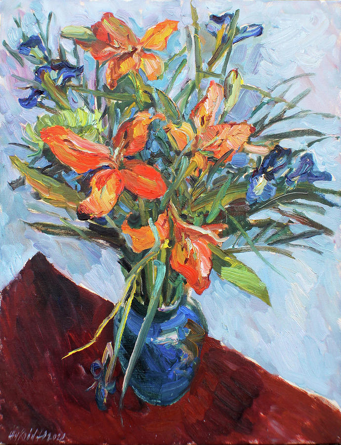 Red lilies in a blue vase Painting by Juliya Zhukova