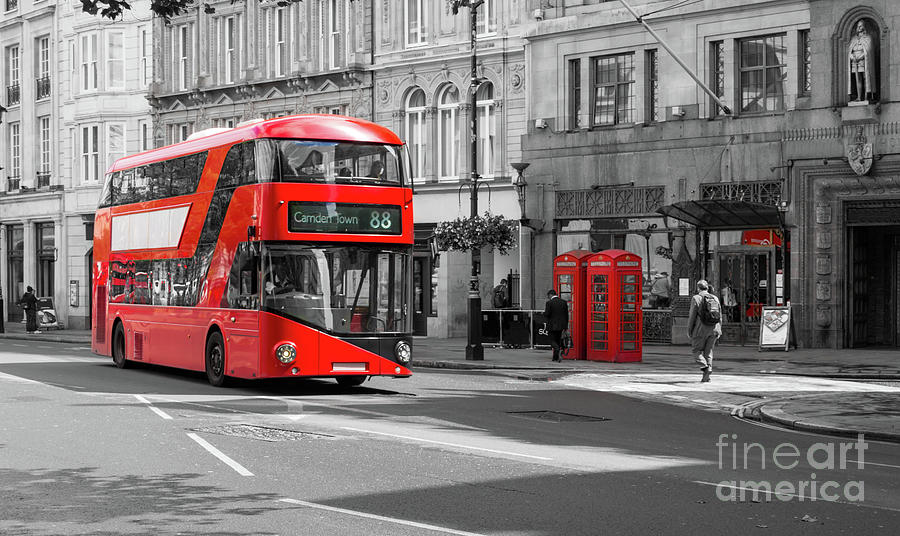 Red London Icons On Black And White Photograph
