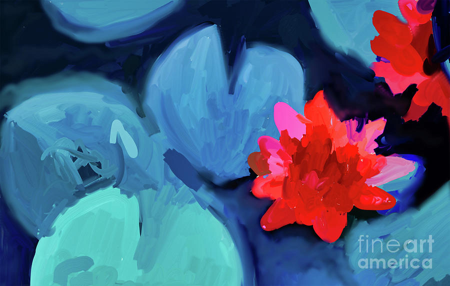 Abstract Painting - Red Lotus Water Lily Blooming On Water Surface by Kartick Dutta
