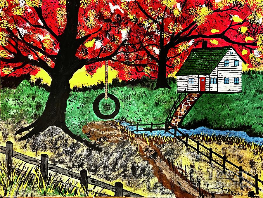 Red Maple Tree With Tire Swing  Painting by Jeffrey Koss