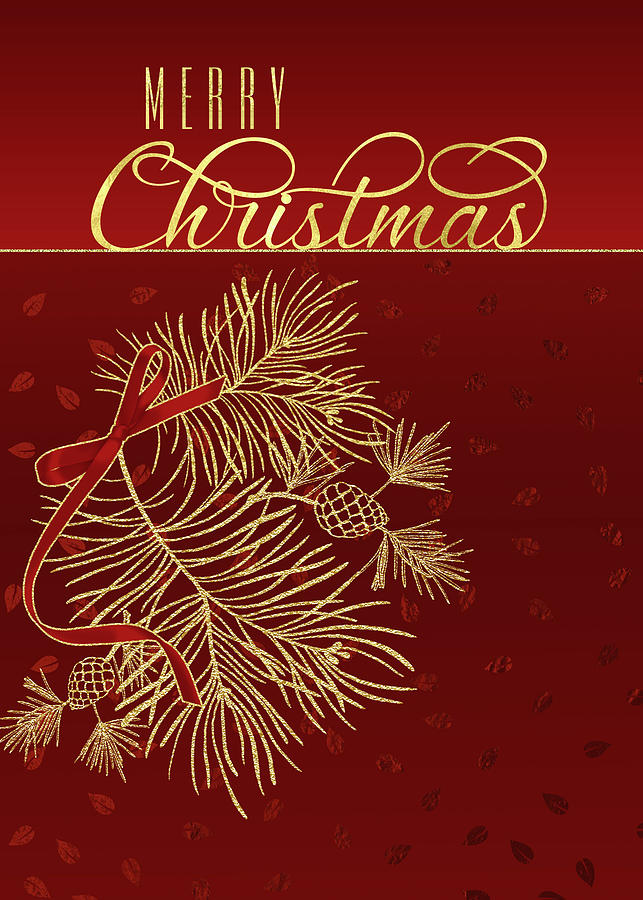 Red Merry Christmas Golden Pines Digital Art by Doreen Erhardt