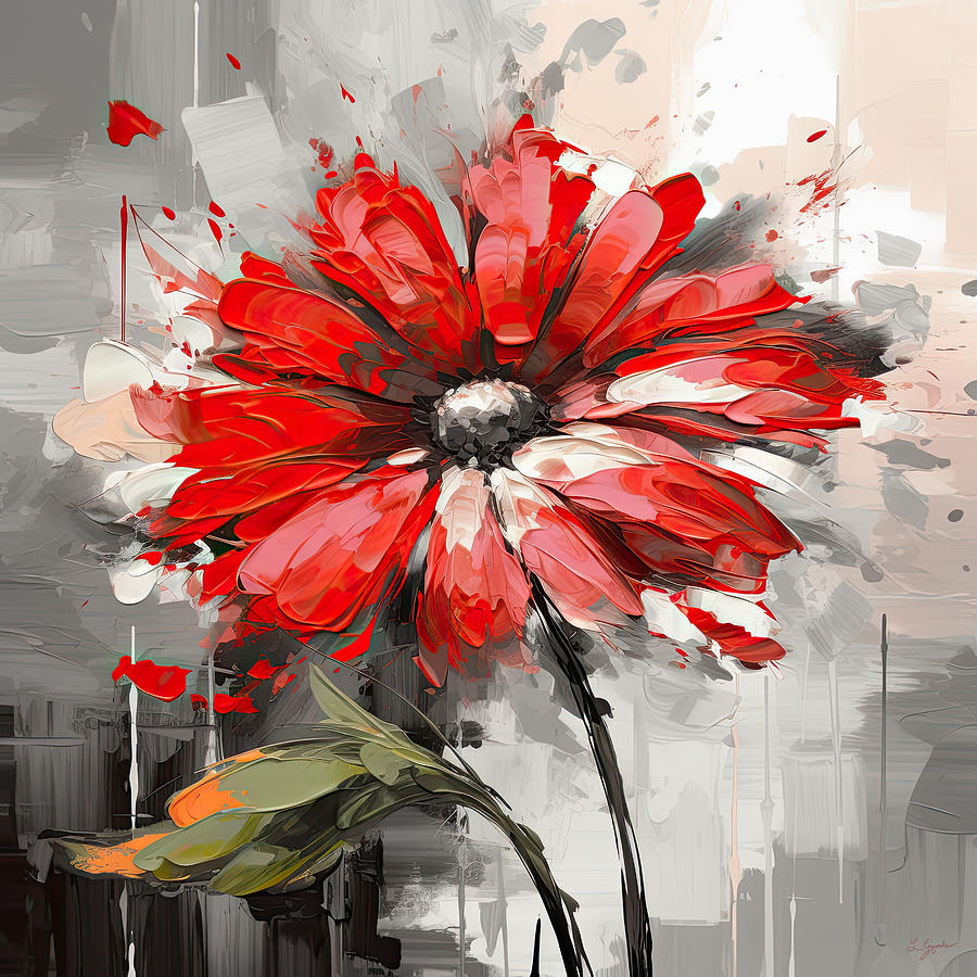 Daisy Digital Art - Red Modern Art in Gray by Lourry Legarde