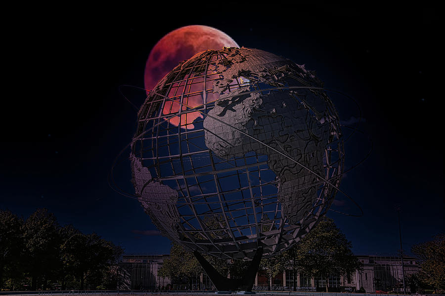 Red Moon Glow over Unisphere Queens NY Night Moods  Photograph by Chuck Kuhn