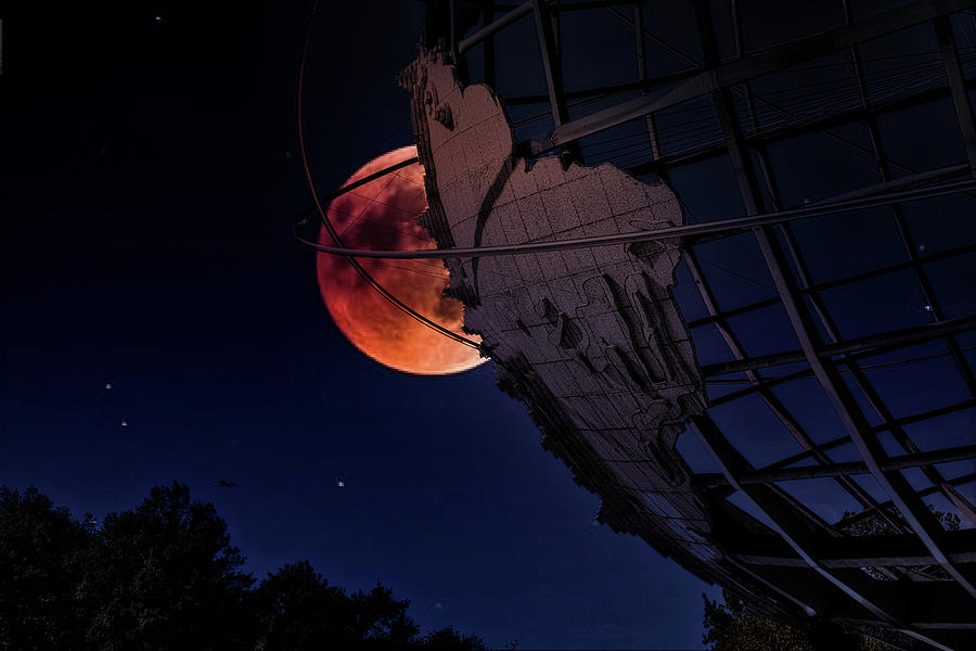 Red Moon Over Unisphere Site of 1964 Worlds Fair New York  Photograph by Chuck Kuhn