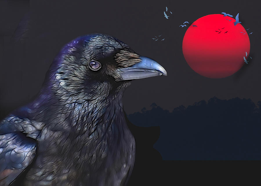 Red Moon Raven Digital Art by Theresa Tahara