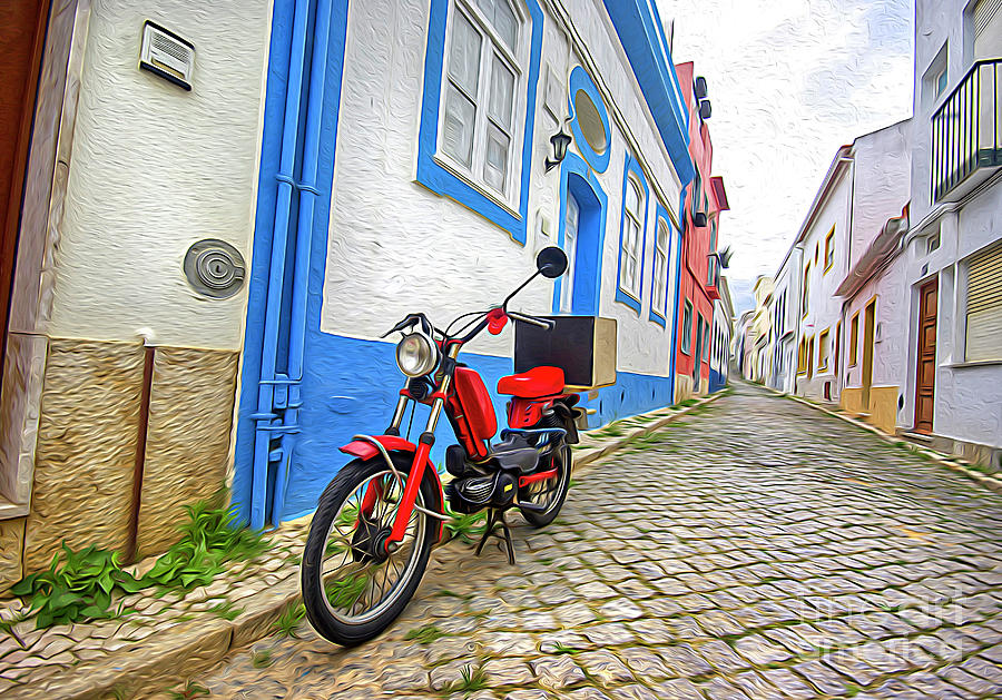 Red Moto in Lagos, Portugal. Painting by Paul Gerace