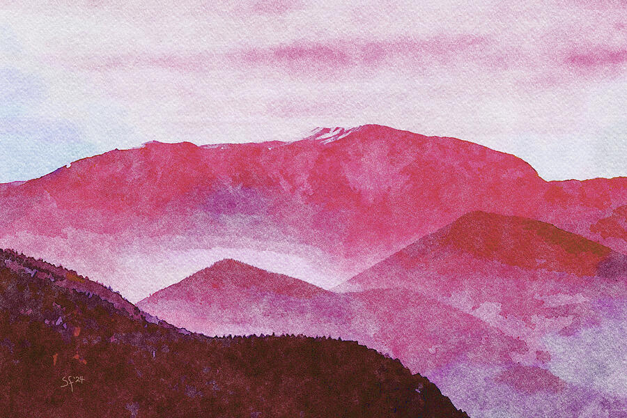 Red Mountain Sunrise Watercolor Landscape  Mixed Media by Shelli Fitzpatrick