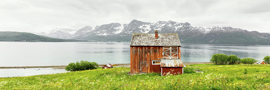 Red Norwegian Farmhouse Lyngen Alps Fjord Troms Norway Photograph by Sonny Ryse