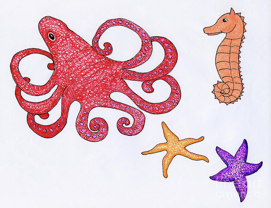 Red Octopus and Seahorse Painting by Norma Appleton