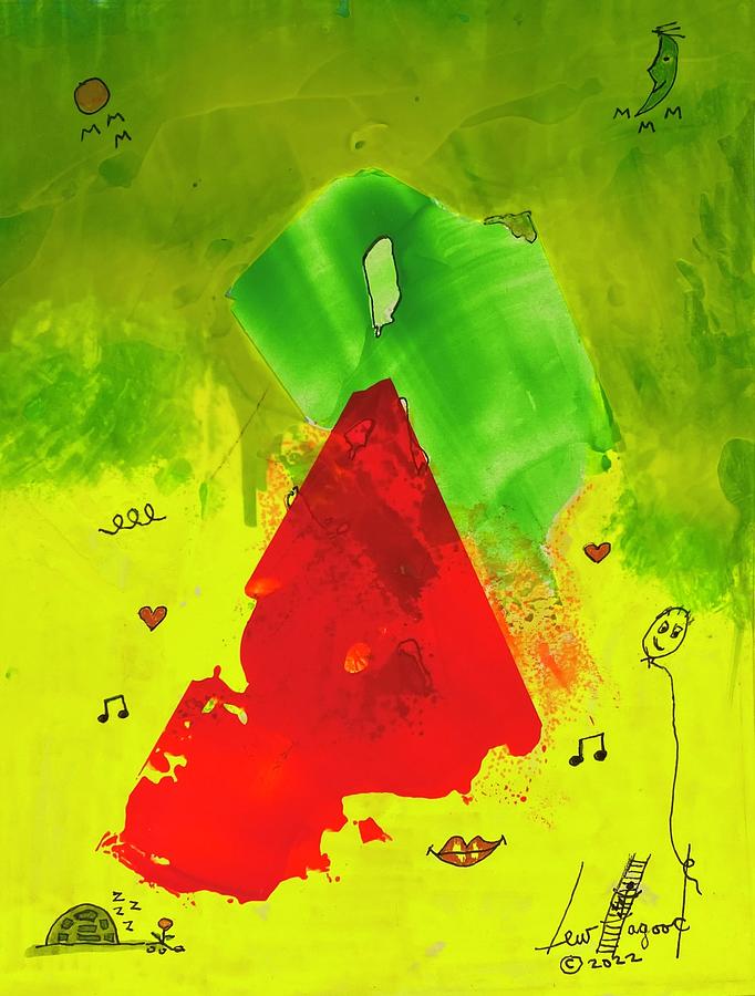 Red on Green with Music 111410 Mixed Media by Lew Hagood