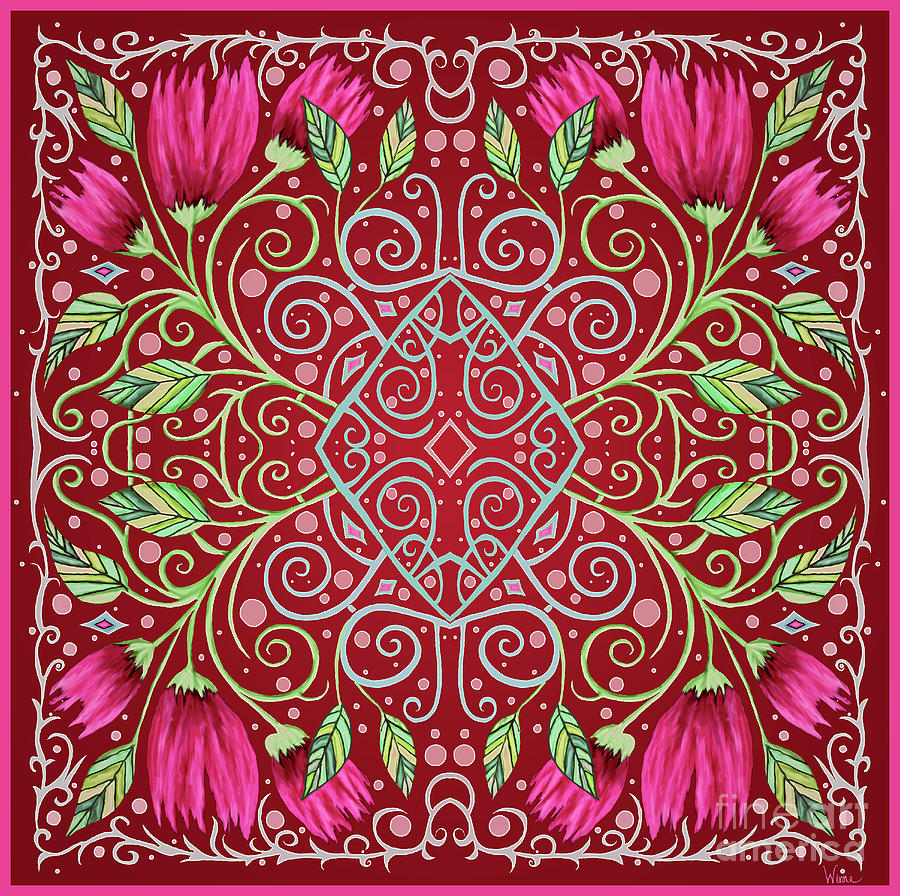 Red on Red Floral Design with Leaves and Diamond Mixed Media by Lise Winne