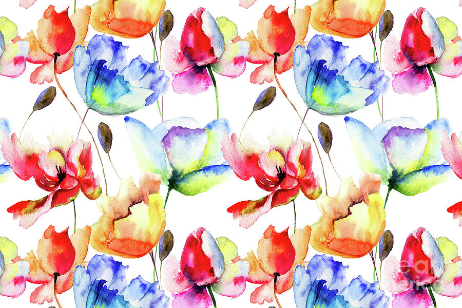 Red, Orange and Blue Poppies - Tulips Watercolor Paint Pattern  Digital Art by PIPA Fine Art - Simply Solid