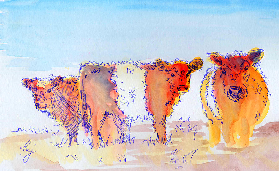 Red orange belted galloway cows painting Painting by Mike Jory