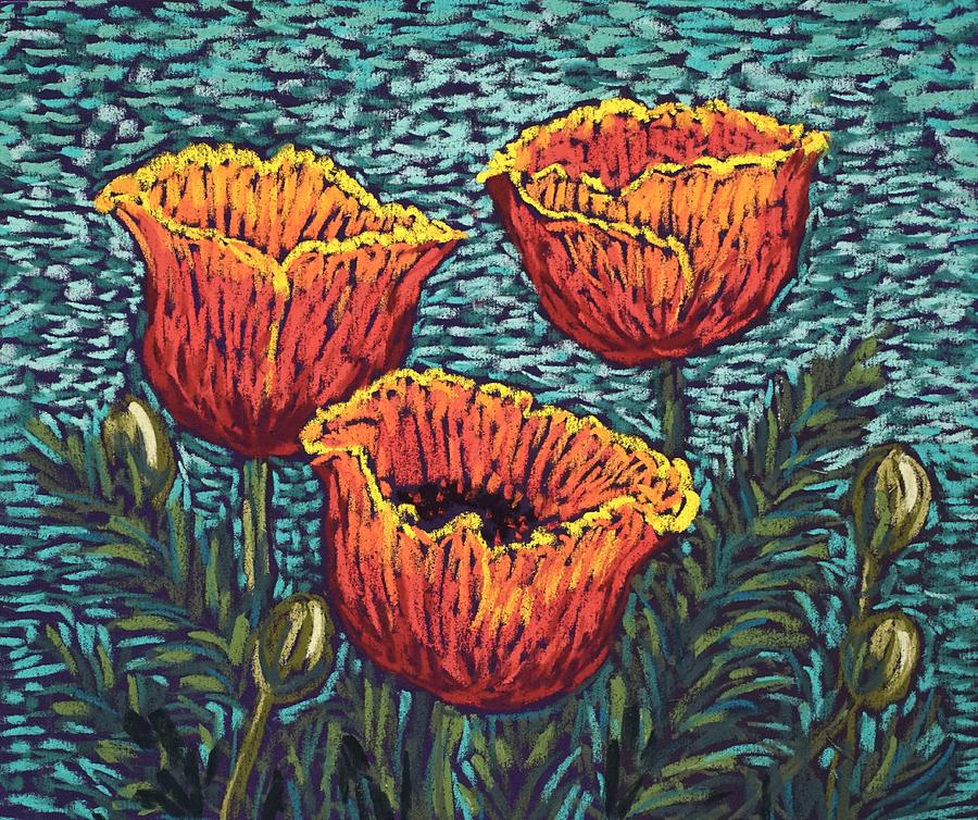 Red Orange Poppies Pastel by Candy Mayer