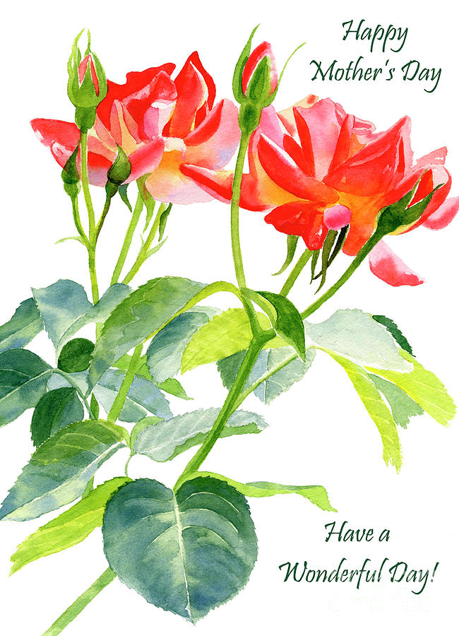 Red Orange Rose Blossoms Mothers Day Card 1 Painting by Sharon Freeman