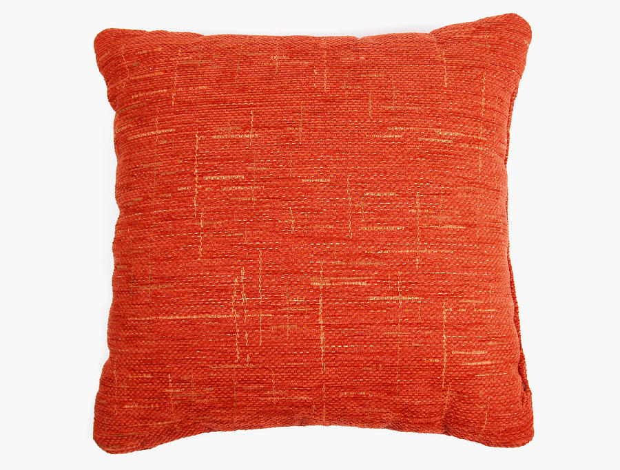 Red-orange square couch pillow with yellow design  Photograph by Majkel