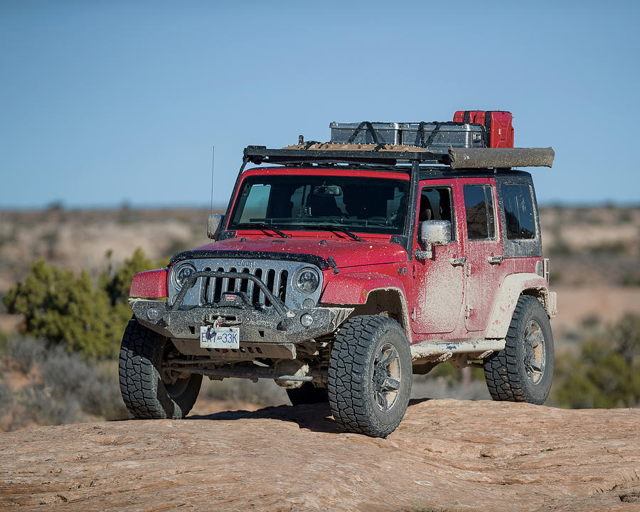 Red overland Jeep in the Utah desert 04 Photograph by Murray Rudd