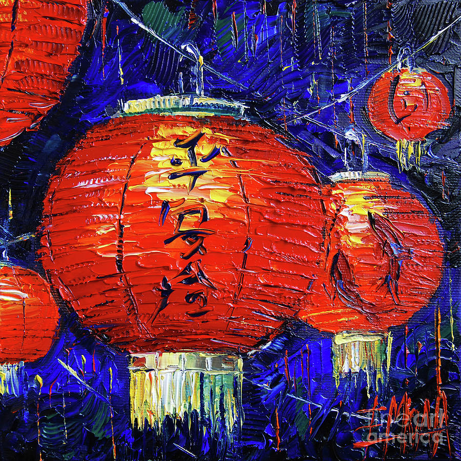 RED PAPER LANTERNS commissioned palette knife oil painting Mona Edulesco Painting by Mona Edulesco