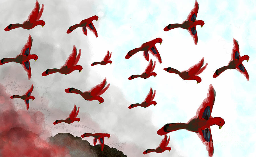 Red Parrots Flying Smoke Digital Art by Donna Huntriss