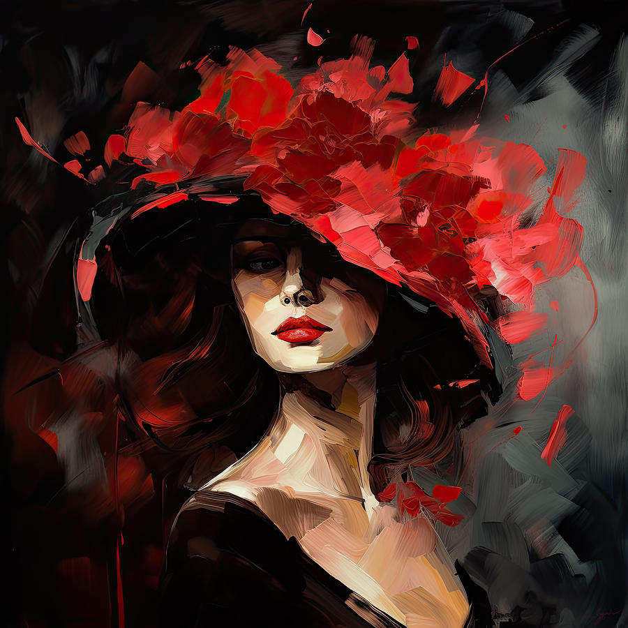 Red Passion - Lady in Black Art Painting by Lourry Legarde