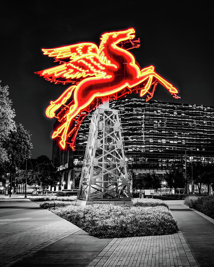 Red Pegasus Rising In Downtown Dallas - Selective Color Photograph by Gregory Ballos