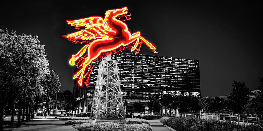Red Pegasus Rising In Downtown Dallas - Selective Color Panorama Photograph by Gregory Ballos