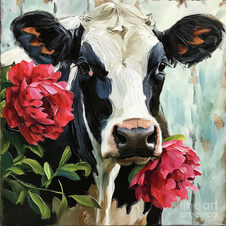 Red Peony Cow Painting by Tina LeCour