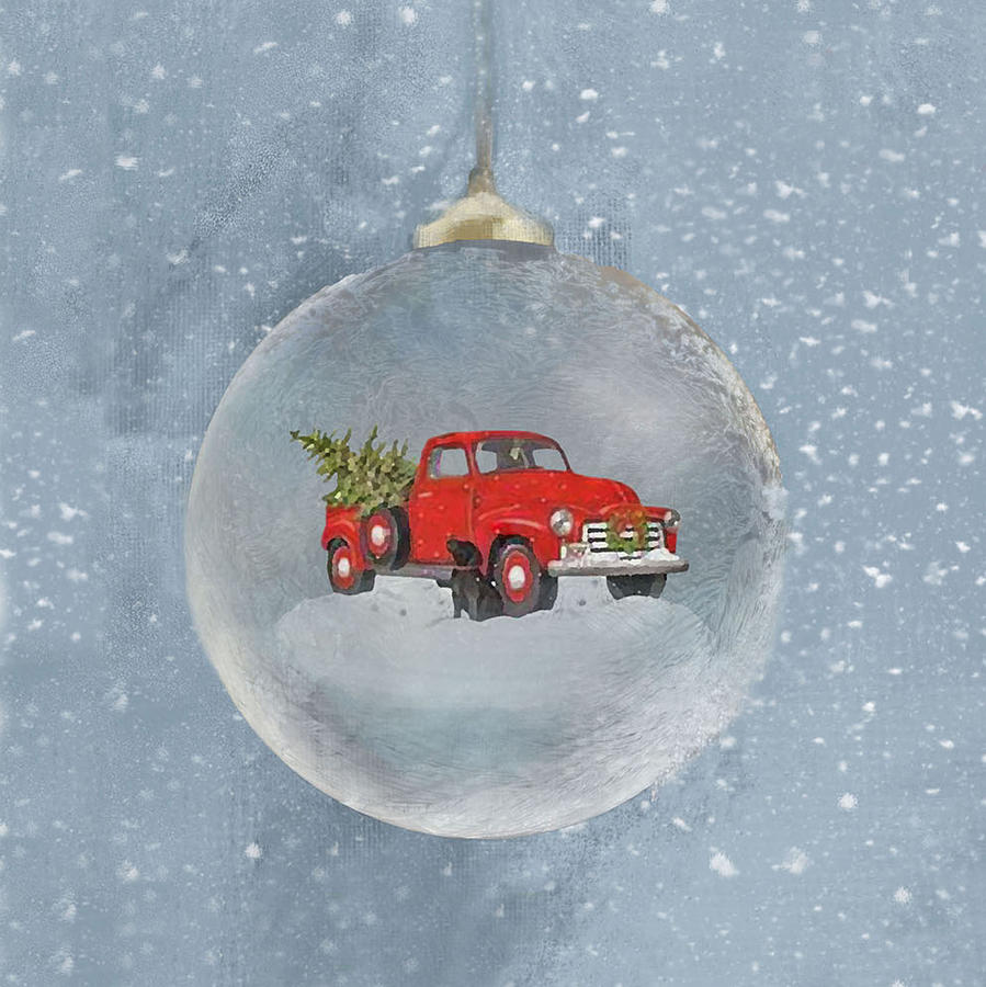 Red Pickup Truck And Christmas Tree And Dog Ornament Square Mixed Media by Sandi OReilly