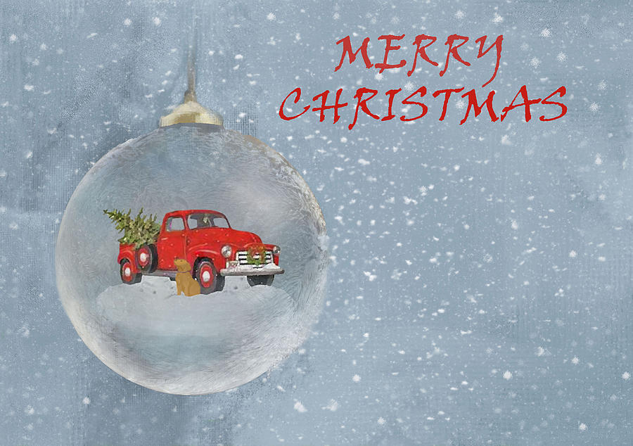 Red Pickup Truck And Christmas Tree And Dog2 Ornament Square Mixed Media by Sandi OReilly